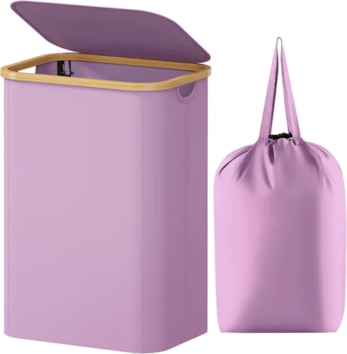 Vista 15 de Lifewit Cesta de lavandería de 80 litros con tapa, cestas de ropa para lavandería con asas de bambú y una bolsa de lavandería extraíble, cesta