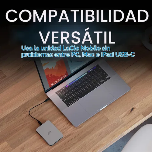 Vista 6 de LaCie Mobile Drive, disco duro externo portátil de 5TB - Plata Lunar, USB-C 3.2, para PC y Mac, reciclado post-consumo, con Adobe All Apps Plan