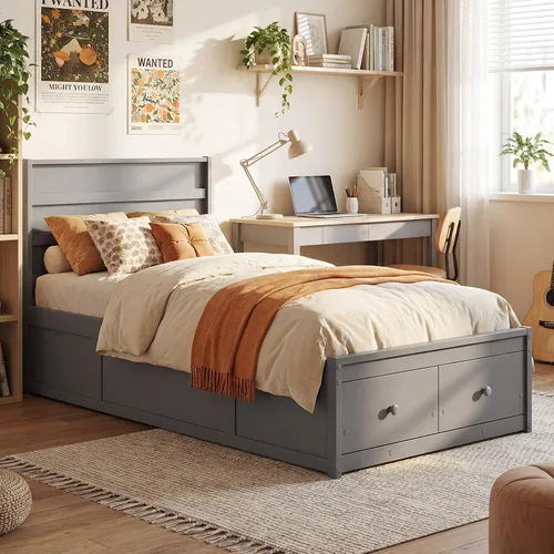 Vista 3 de KOMFOTT Cama individual con 2 cajones, cama de almacenamiento individual con soporte de listones sólidos, cabecera y estribo, marco de cama de Gris
