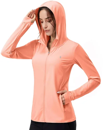 Vista 27 de Soothfeel Chaqueta con capucha y protección solar UPF 50+ para mujer, ligera, de manga larga, con bolsillo, para senderismo al aire libre d-celeste