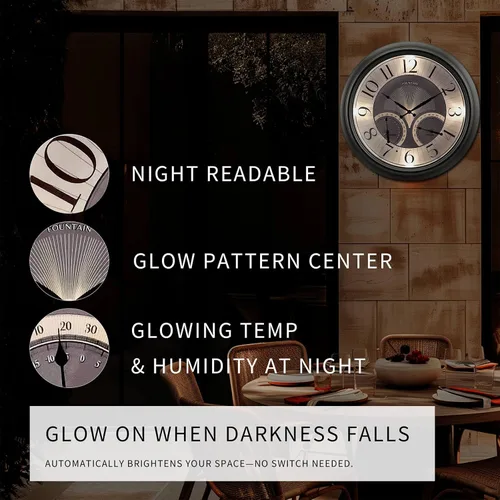 Vista 3 de Reloj iluminado para interiores y exteriores de 18 pulgadas con sensor inteligente y luz nocturna, impermeable, reloj de pared grande con termómetro