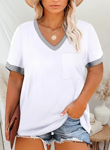 Vista 2 de Eytino Blusas de talla grande para mujer, cuello en V, manga corta, a rayas, casual, holgada, con bolsillo (1X-5X)