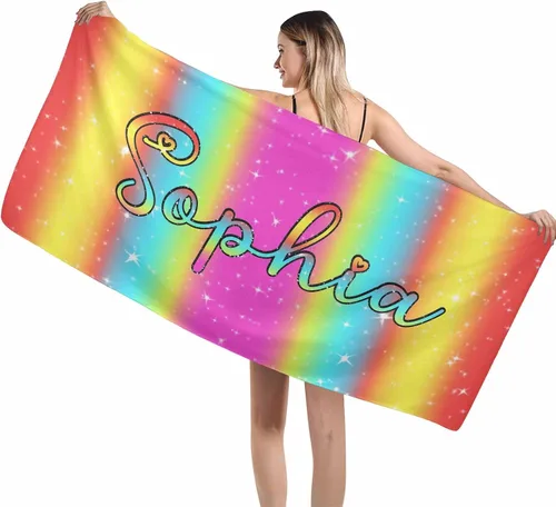 Vista 22 de MyPupSocks Toalla colorida personalizada para niños – Color arcoíris personalizada para viajes, playa, piscina y toallas de baño, toalla con nombre