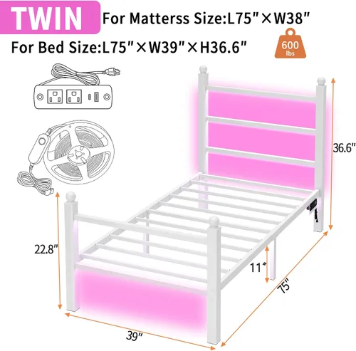 Vista 2 de CLIBFENG Base de cama individual con cabecera y estribo, listones de acero, base de cama LED con estación de carga USB, base de colchón