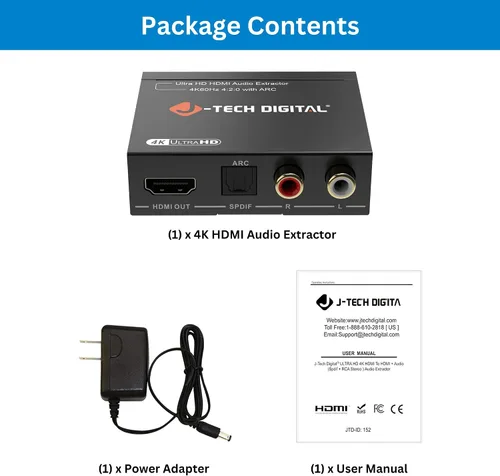 Vista 7 de J-Tech Digital Extractor de audio HDMI 4K 60Hz HDMI a óptico SPDIF + RCA, compatible con HDMI ARC Dolby Digital DTS CEC HDCP 1.4 [JTD4KATSW]
