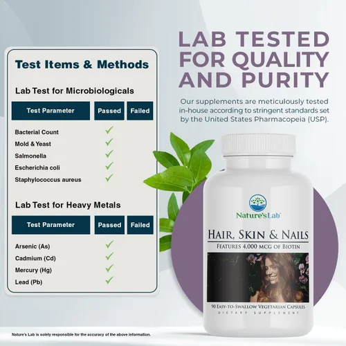 Vista 3 de Nature's Lab Cabello piel y uñas - Biotina, BCAA, MSM, complejo vitamínico - 90 unidades (suministro para 90 días)