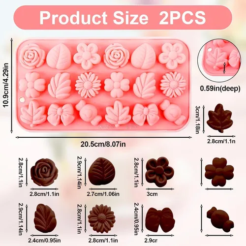 Vista 2 de Moldes de silicona florales de caramelo de flores, 2 unidades, moldes de chocolate con margarita, tulipán, rosa, pajarita, hojas de gelatina, molde