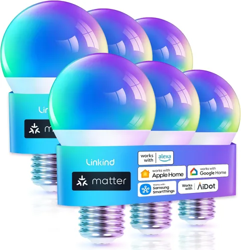 Vista 14 de Linkind Matter - Bombilla inteligente que funciona con Alexa/Apple Home/Google Home, bombillas que cambian de color, sincronización de música