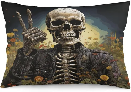 Vista 35 de Funda de almohada divertida de calavera de Halloween de 12 x 20 pulgadas, funda de almohada rústica de Halloween con cremallera oculta, suave