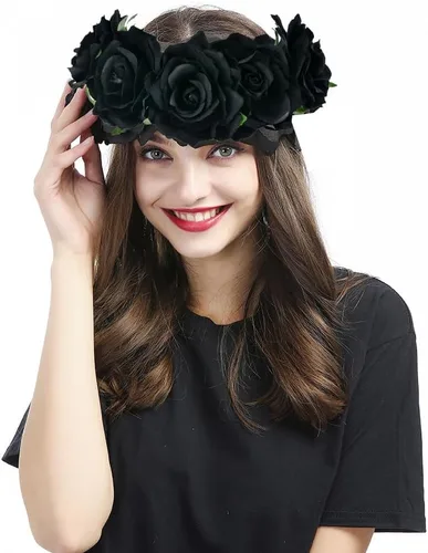 Vista 2 de Diadema de corona floral rosa guirnalda de flores para festival de boda Negro
