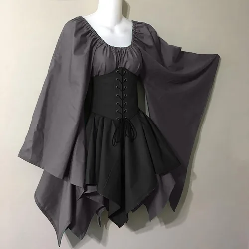Vista 4 de SHOPESSA Disfraz medieval renacentista para mujer, vestido de corsé pirata, manga acampanada, vestido corto irlandés tradicional