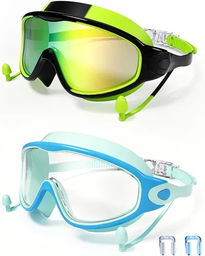 Vista 15 de Gafas de natación para niños de 3 a 15 años con tapones para los oídos, marco grande, gafas de natación antivaho/UV para niños, niñas y bebés, 2