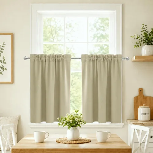 Vista 12 de Aquazolax Half Window Curtains 24 Inch Length, 28" Wide Rod Pocket Small Window Treatment for Kitchen, Bathroom, Camper, Beige, 2 Panels Set