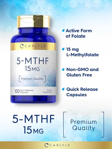 Vista 4 de Carlyle Suplemento 5-MTHF 15mg 100 cápsulas L-metilfolato Sin OMG, sin gluten Calidad premium