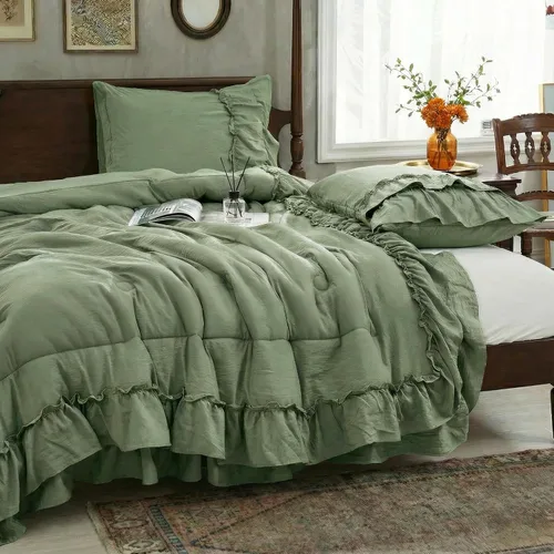 Vista 3 de Juego de Edredón Verde Aguacate de Tamaño Queen, Estilo Boho, Estilo Shabby Chic, 2 Capas, con Volantes, para Dormitorio, Decoración del Hogar