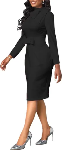 Vista 2 de Vestidos de trabajo ajustados para mujer, de manga larga, plisados, con lazo, vintage, para oficina, fiesta, iglesia