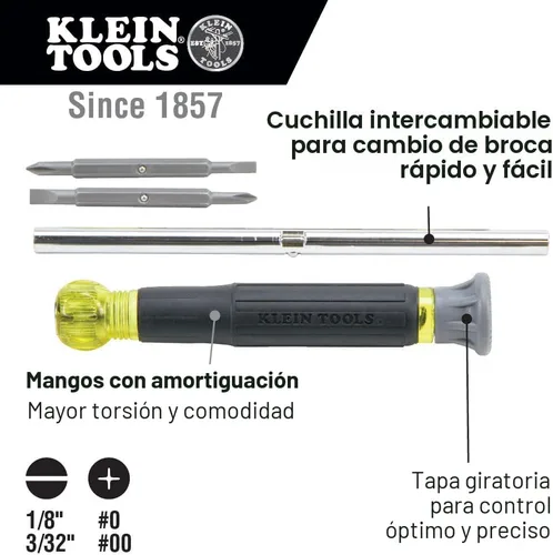 Vista 2 de Klein Tools 32581 Juego de destornilladores electrónicos 4 en 1 con 2 puntas ranuradas, 2 puntas Phillips de precisión mecanizadas, ideal