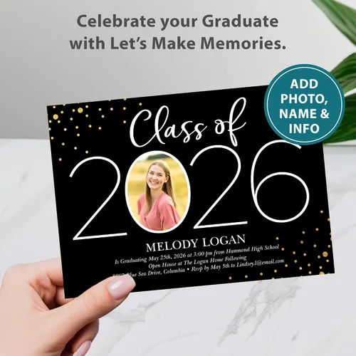 Vista 2 de Let's Make Memories Anuncios de graduación personalizados para clase de 2026 o cualquier año, invitaciones de calidad premium, 5 x 7, tarjetas Año