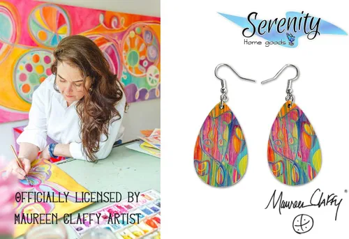 Vista 2 de Maureen Claffy Artist Collection Juego de aretes colgantes de lágrima cortados a la luz Aretes abstractos coloridos Aretes colgantes bohemios