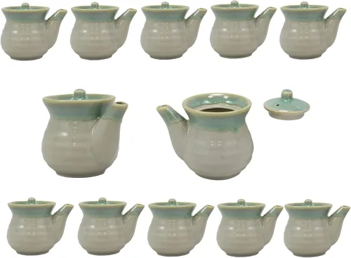 Vista 4 de JapanBargain 2733, Dispensador de salsa de soja tradicional japonés Tenmoku Pottery Shoyu, mini tetera, fabricado en Japón, 8 onzas, verde, 1 paquete