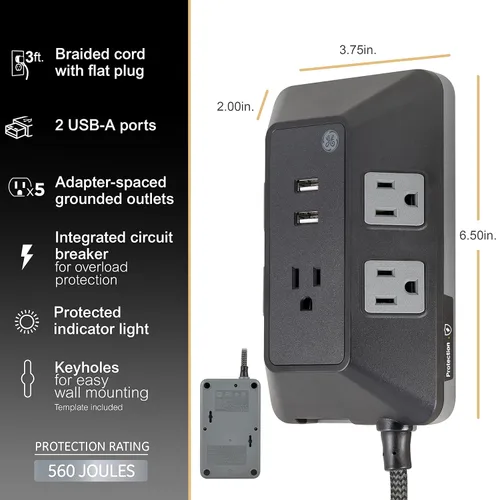Vista 3 de GE UltraPro Adapt protector de sobretensiones de 5 tomas con puertos USB, 2 puertos USB-A, 2.4A, cable trenzado de 3 pies, regleta de alimentación