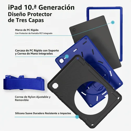 Vista 4 de Funda para Samsung Galaxy Tab A8 de 10.5 pulgadas 2022 con protector de pantalla giratorio 360º correa de mano y soporte, a prueba de caídas