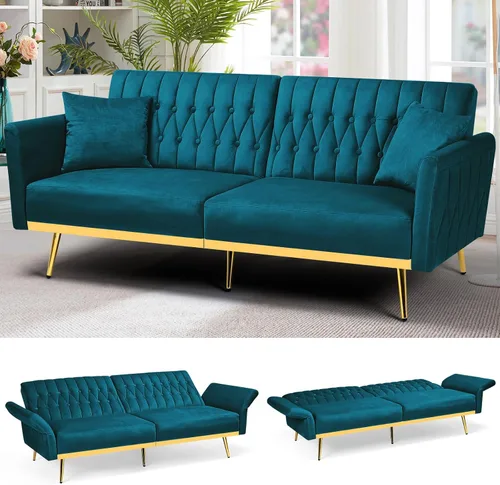 Vista 18 de Sofá cama futón de terciopelo de 70 pulgadas con reposabrazos ajustables, color azul bebé
