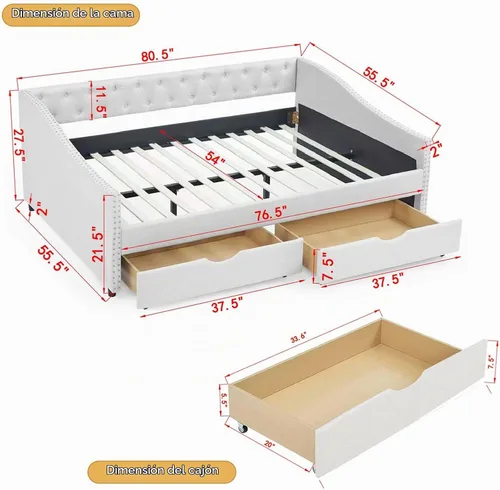 Vista 2 de Base de cama tamaño matrimonial de madera, base de cama diurna con 2 cajones de almacenamiento, sofá cama tapizada de tamaño matrimonial con diseño