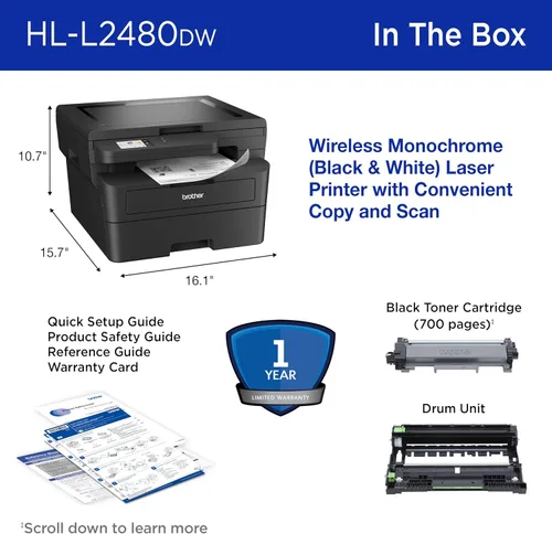 Vista 7 de Impresora láser multifunción compacta inalámbrica HL-L2480DW de Brother, monocromática, con copia y escaneo, dúplex, móvil, en blanco y negro