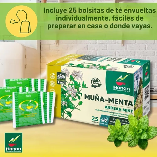 Vista 7 de Bolsas de té Hanan Muña – Té de hierbas de menta andina 100% natural de Perú, 25 bolsas de té tradicional de Muña del Perú, sin cafeína