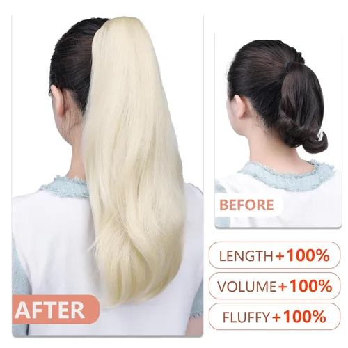 Vista 6 de Extensiones de cola de caballo, extensiones de cabello rubio con clip de garra de 18 pulgadas para mujer, pieza de cabello lacio, sintético