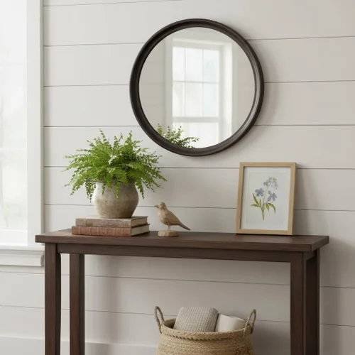 Vista 3 de Espejos redondos de 24 pulgadas, espejo de pared rústico decorativo de transición de nogal oscuro con grano de madera para baño, espejo de tocador