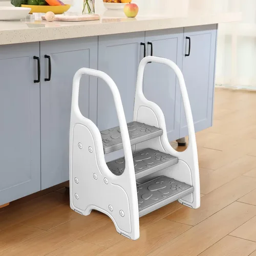 Vista 4 de Taburete de 3 escalones para niños pequeños, taburete de tres escalones para fregadero de baño o encimera de cocina, torre de pie, ayudante