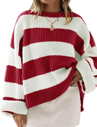 Vista 64 de ZESICA Suéter tejido sin botones de manga larga y cuello redondo, a rayas, bloques de color, cómodo, holgado, talla extragrande para mujer de 2024