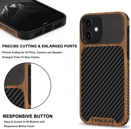Vista 5 de TENDLIN Compatible con iPhone 12 Mini Funda de Grano de Madera con Textura de Fibra de Carbono Diseño de Cuero Híbrido Funda Negra