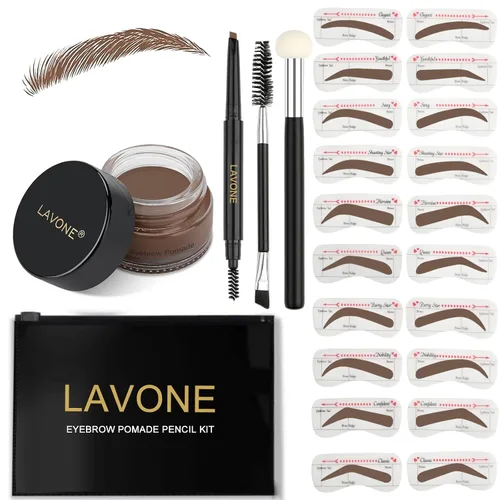 Vista 16 de LAVONE Kit de plantillas para cejas, trío de sellos para cejas con lápiz impermeable, pomada, 20 plantillas, cepillo de doble punta y aplicador