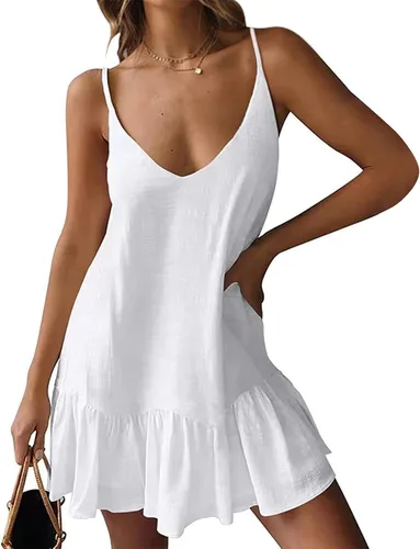 Vista 2 de Vestidos sin mangas para mujer 2023, vestidos cortos de verano, trajes de vacaciones en la playa, vestidos sexy con tirantes delgados, ropa de moda