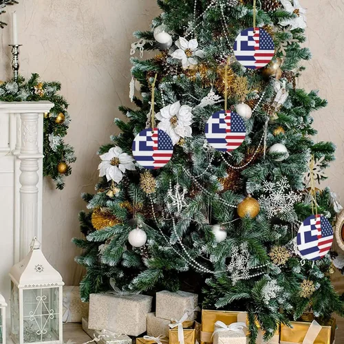 Vista 4 de Bandera griega de Estados Unidos, adornos de cerámica para colgar, adorno colgante de Navidad personalizado para decoración del hogar