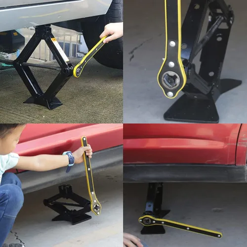 Vista 5 de Llave de trinquete para gato de coche, mango de ahorro de trabajo, herramienta adaptadora de gato de tijera 360° Swivel Long Handle Scissor Jack