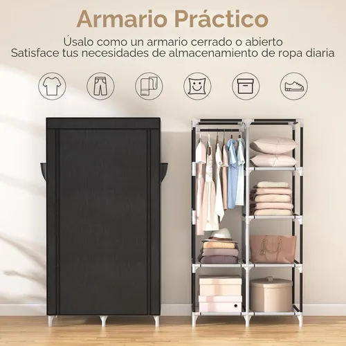 Vista 6 de ROJASOP Armario portátil de ropa para colgar con 6 estantes de almacenamiento, 1 barra colgante y 4 bolsillos, organizador de ropa independiente