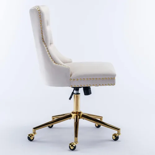 Vista 4 de Silla de escritorio de terciopelo, silla de tocador de altura ajustable con ruedas, cómoda silla de escritorio con respaldo de ala, ribete