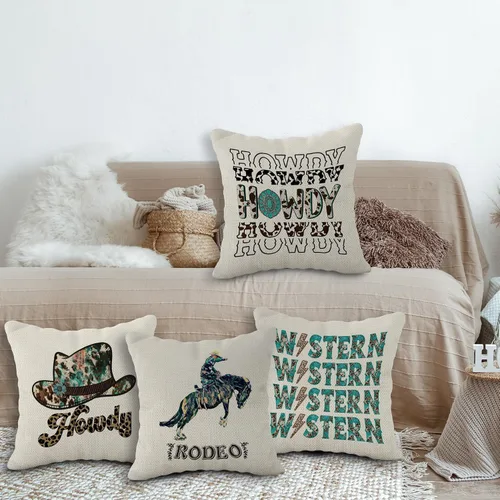 Vista 2 de Juego de 4 fundas de almohada retro occidentales con estampado de vaquera Howdy Rodeo Leopardo, turquesa, 18 x 18 pulgadas, regalos para niñas