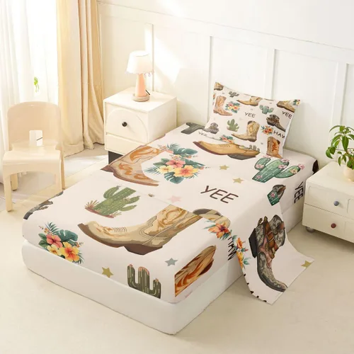 Vista 6 de Erosebridal Western Cowgirl Sheet Set Twin Western Cowboy Bed Sheets for Kids Boys Girls Horseshoe Boots Southwestern Flat Fitted Sheet Wild West