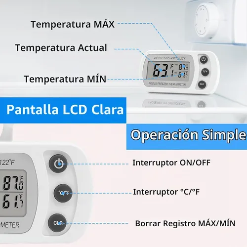 Vista 2 de Lasubst Termómetro digital para refrigerador, paquete de 2 unidades para refrigerador, congelador, impermeable, color blanco