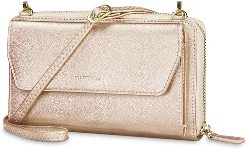 Vista 21 de nuoku Cartera RFID para Mujer Monedero Muñequera Bandolera Clutch con Cremallera Perimetral 2 Correas Negro