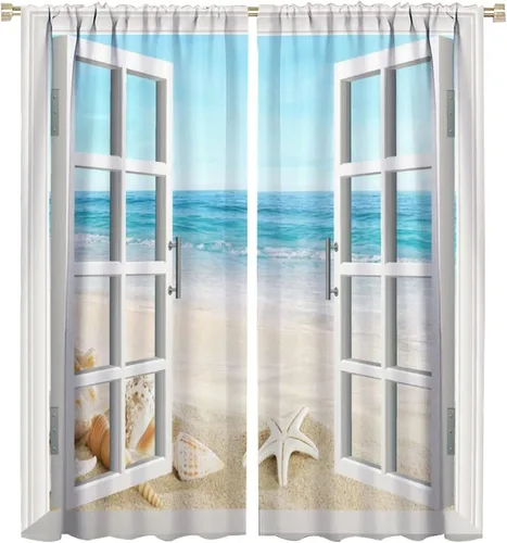 Vista 29 de JESTRONRY Cortina de playa azul y blanca con diseño de estrella de mar y conchas marinas con aislamiento térmico, para oscurecer la habitación, 2