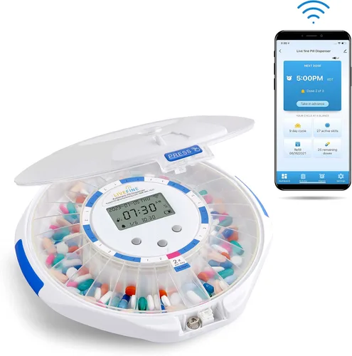 Vista 10 de Dispensador automático de pastillas Live Fine Smart WiFi con tapa transparente Organizador de medicación de 28 días hasta 9 dosis por día