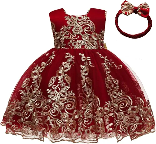 Vista 2 de 0-6T - Vestido de tutú de encaje bordado con lentejuelas y lazo grande para fiestas de bebé y niñas pequeñas con tocado