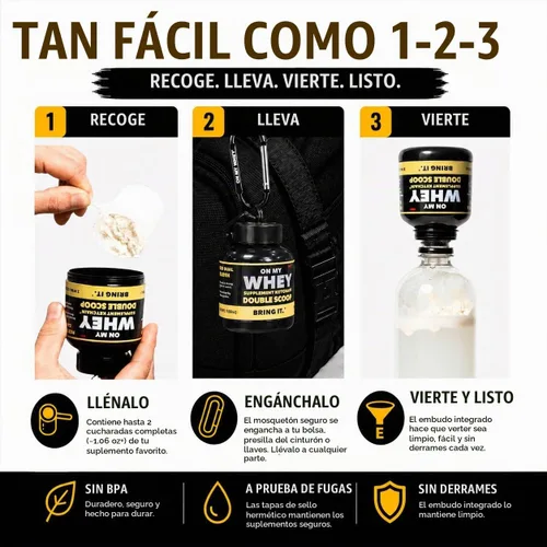 Vista 3 de ONMYWHEY Embudo de llavero de proteína y suplemento de doble cucharada (180 cc) para mirar en el espejo