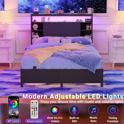 Vista 4 de Unikito Cabecera individual con almacenamiento, cabeceros con toma de corriente y luces LED inteligentes, cabecera resistente para cama